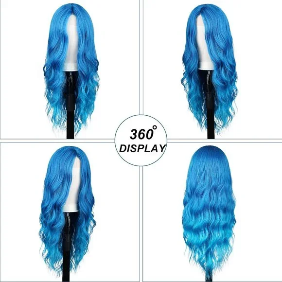 26 INCH Long Blue Wavy Middle Part Wig - Picture 3 of 5